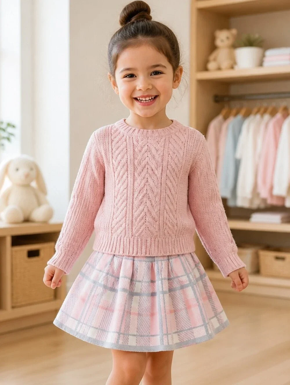 Tommy Bahama Pink Cable Knit Sweater Plaid Skirt Set 3T Holiday Outfit Cozy Chic